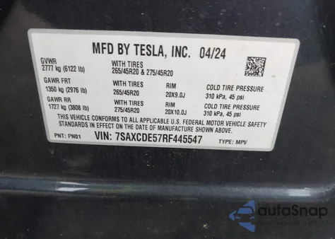 2024 Tesla Model X Long Range from USA, damaged, VIN 7SAXCDE57RF445547